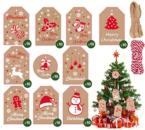 Christmas Gift Tags, 100 Pcs Brown Kraft Paper Tags Card